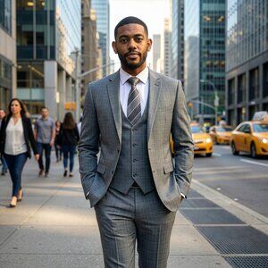 New 2026 Mens 3pc Plaid Windowpane Grey Suit Set, Hybrid Fit (H2)